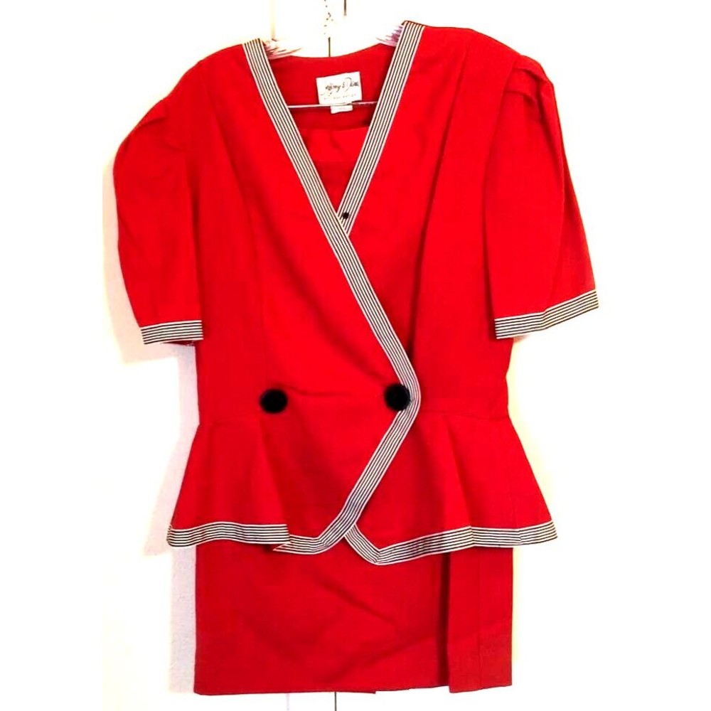 Jeffrey & Dara Womens 2 Piece Skirt + Blazer Set Red Shoulder Pads V-Neck 13/14